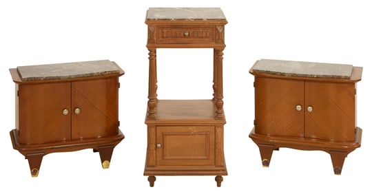 Three French Marble Top Nightstands, 20th c., Tallest: H.- 35 in., W.- 17 in., D.- 15 in., Deco: H.-