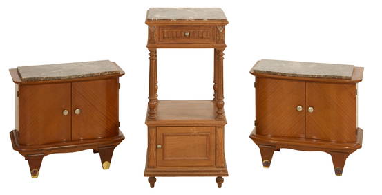 Three French Marble Top Nightstands, 20th c., Tallest: H.- 35 in., W.- 17 in., D.- 15 in., Deco: H.- (1 of 5)