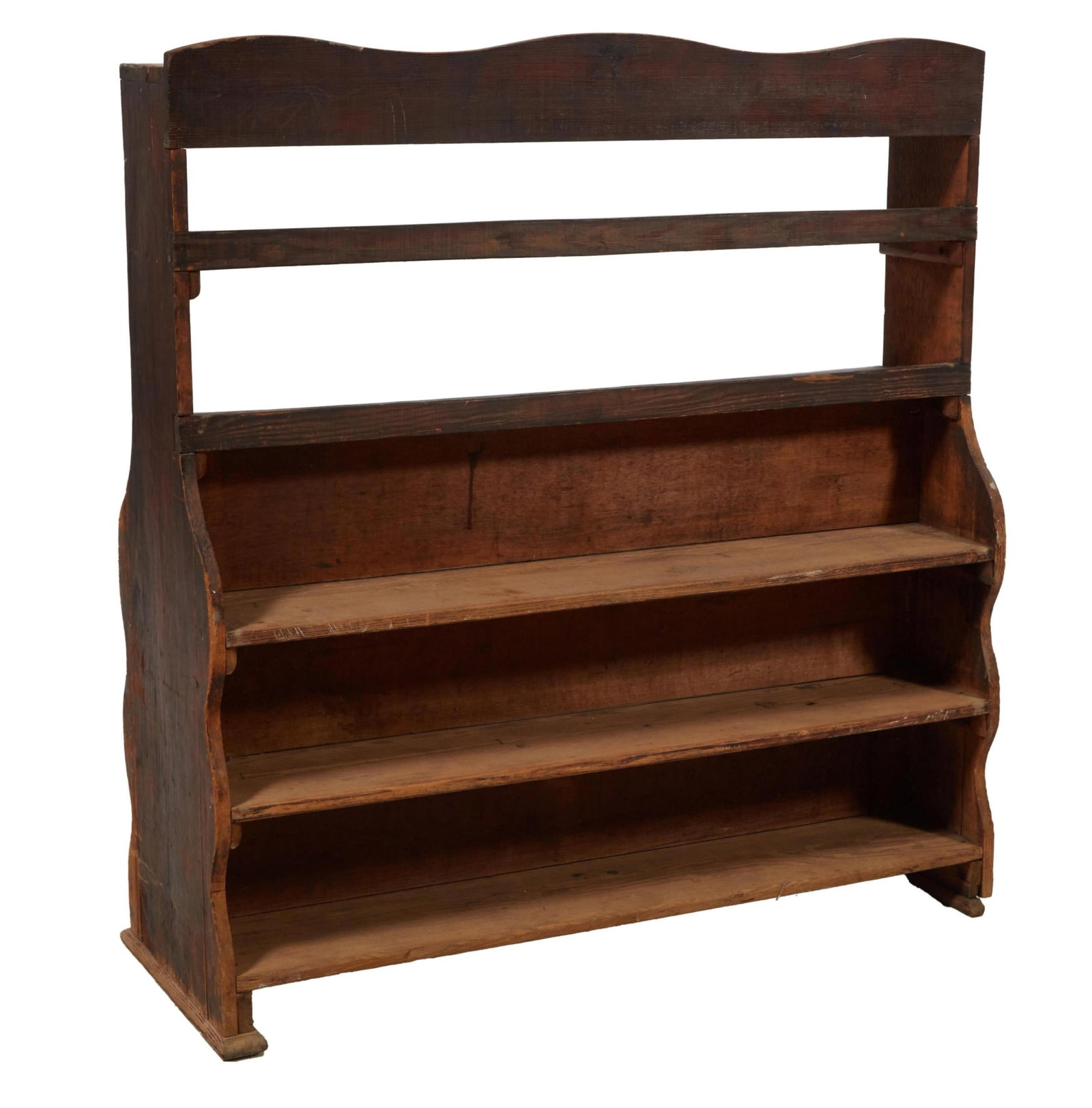 Provincial Walnut Potting/Garden Shelf, 20th c., H.- 49 in., W.- 47 in., D.- 16 in.: Provincial Walnut Potting/Garden Shelf, 20th c., the open back over three lower shelves, on trestle supports, H.- 49 in., W.- 47 in., D.- 16 in.