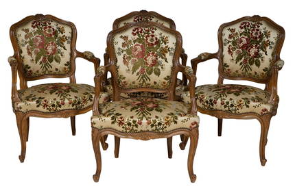 Set of Four French Louis XV Style Carved Walnut Fauteuils, 20th c., Each- H.- 34 in., W.- 24 in., (1 of 2)