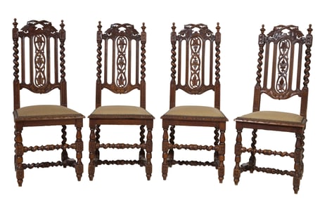 Set of Four French Henri II Style Carved Walnut Hall Chairs, 20th c., H.- 43 in., W.- 17 1/2 in.,