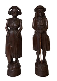 Pair of French Provincial Carved Walnut Figures, 19th c., Each- H.- 22 3/4 in., W.- 6 in., D.- 3 1/2
