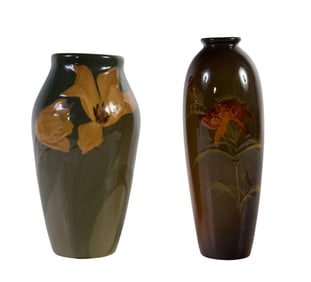 Two Pottery Baluster Vases, early 20th c., Rookwood- H.- 9 5/8 in., Dia.- 5 1/2 in.; Louwelsa- H.-