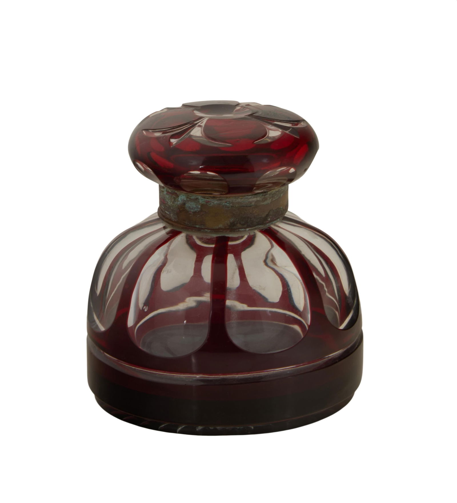 Large Bohemian Cut To Clear Ruby Glass Inkwell, 19th c., H.- 5 1/2 in., Dia.- 5 in. (1 of 6)