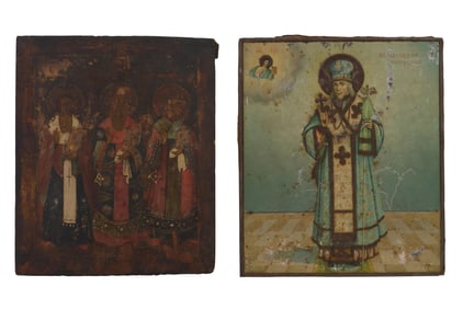 Two Russian Icons, early 19th c., Wood- H.- 12 in., W.- 10 1/4 in. D.- 1 1/4 in; Tin- H.- 12 1/4