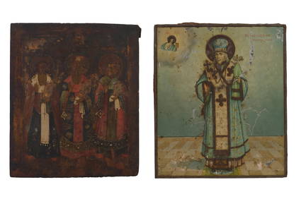 Two Russian Icons, early 19th c., Wood- H.- 12 in., W.- 10 1/4 in. D.- 1 1/4 in; Tin- H.- 12 1/4 (1 of 7)
