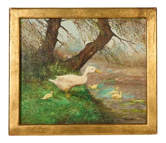 P. Camerlinck, "Duck and Ducklings in Spring," 1954, H.- 19 in., W.- 23 in., Framed H.- 23 in., W.-