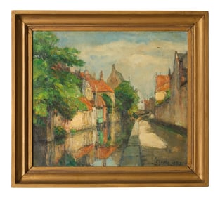 Leon Mechelaere (Belgian, 1880-1964), "Bruges, Canal Scene," H.- 16 1/2 in., W.- 18 3/4 in., Framed