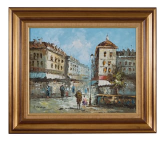 Caroline Burnett (American/Paris, 1877-1950), "Parisian Street Scene," H.- 15 3/4 in., W.- 19 5/8