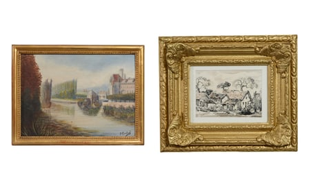 Two Continental School Landscapes, 20th c., First- H.- 9 1/8 in., W.- 12 5/8 in., Framed H.- 11 1/8