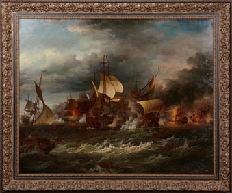 Continental School, "Naval Battle at Sea," 20th c., H.- 47 in., W.- 59 1/2 in.