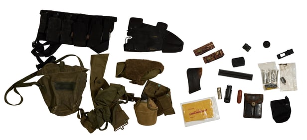Thirty Pieces of Hunting Accessories and Militaria, 20th c., Decelerator- H.- 3 1/4 in., W.- 5 1/2