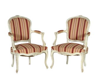 Pair of French Louis XV Style Creme Peinte Fauteuils, 19th c., Each- H.- 35 in., W.- 26 in., D.- 23 (1 of 2)