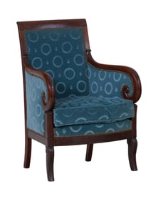 French Empire Carved Mahogany Fauteuil, mid 19th c., H.- 36 1/2 in., W.- 24 in., D.- 23 in.