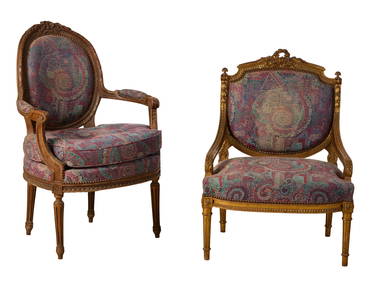 Two French Louis XVI Style Fauteuil, 20th c., Taller: H.- 37 1/2 in., W.- 26 in., D.- 21 in. (2 (1 of 3)