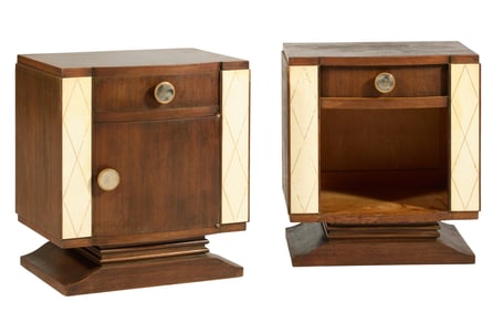Pair of French Art Deco Parchment and Walnut Nightstands, early 20th c., H.- 21 in., W.- 19 in., D.-