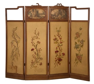 French Louis XVI Style Embroidery and Walnut Screen, 20th c., H.- 72 in., W.- 88 in., W.- 1 1/8 in.