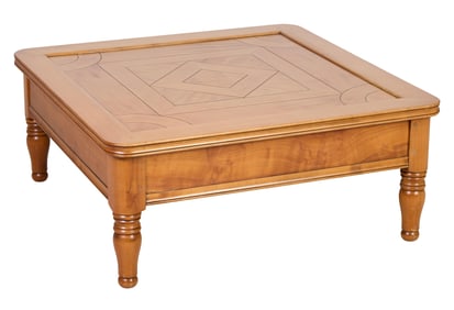 French Louis Philippe Style Cherry Low Table, 20th c., H. 15 1/4 in., W.- 36 in., D.- 36 in.
