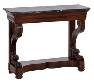 French Empire Marble Top Mahogany Console, early 19th c., H.- 34 1/2 in., W.- 44 1/2 in., D.- 17 in.