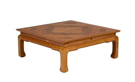 Chinese Inspired inlaid Cherry Low Table, 20th c., H.- 18 in., W.- 36 in., D.- 36 in.