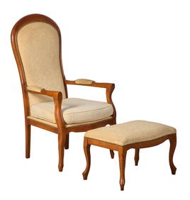 French Provincial Louis XIV Style High Back Arm Chair and Ottoman, 20th c., Chair- H.- 44 in., W.- (1 of 1)