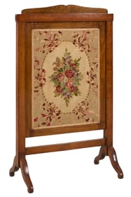 French Louis Philippe Needlepoint Oak Fire Screen, mid 19th c., H.- 37 in., W.- 22 1/4 in., D.- 12