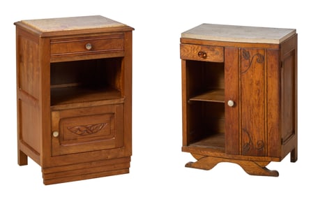 Two French Art Nouveau Marble Top Nightstands, early 20th c., Taller- H.- 27 1/2 in., W.- 18 in.,