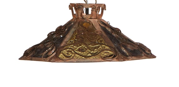 Unusual American Iron Stained Glass Hanging Light, 20th c., H.- 7 in., Dia.- 17 1/2 in.