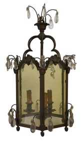 French Patinated Brass Hexagonal Hall Lantern, 20th c., H.- 24 1/4 in., Dia.- 24 1/4 in.