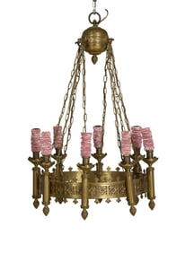 Renaissance Revival Eight Light Brass Chandelier, early 20th c., H.- 30 in., Dia.- 19 in.