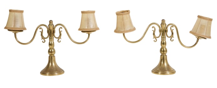 French Louis XV Style Two Arm Brass Candlesticks, 20th c., Each- H.- 11 1/2 in., W.- 18 in., D.- 5