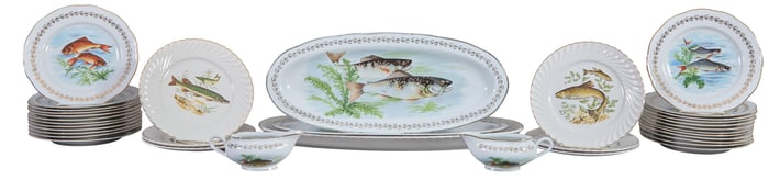French Thirty-Five Piece Assembled Set of Porcelain Fish Service, 20th c., Dia.- 9 1/2 in. (35 Pcs.)