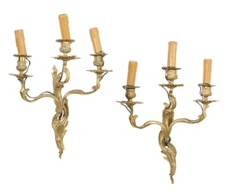 Pair of French Gilt Bronze Louis XV Style Three Light Sconces, 20th c., Each- H.- 19 3/4 in., W.- 12