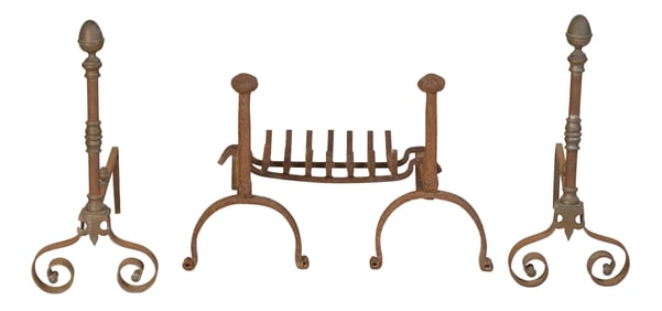 Two Pair of Forged Iron Andirons, 19th c., Taller set: H.- 23 in., W.- 10 in., D.- 20 1/2 in. (5