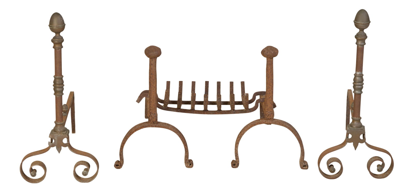 Two Pair of Forged Iron Andirons, 19th c., Taller set: H.- 23 in., W.- 10 in., D.- 20 1/2 in. (5 (1 of 2)