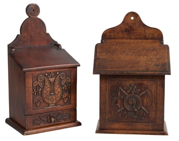 Two French Walnut Wall Match Holders, early 20th c., Drawer- H.- 16 in., W.- 8 1/8 in., D.- 6 1/4