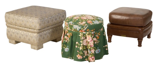 Group of Three Upholstered Ottomans, 20th c., Largest- H.- 18 in., W.- 23 in., D.- 23 in. (3 Pcs.)