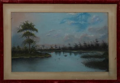 American School, "Lake Landscape with Boats and Trees on the Shore," 19th c., H.- 17 1/2 in., W.- 28