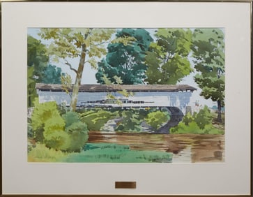 Charles Wallis (American), "Rural Covered Bridge," 1982, H.- 20 in., W.- 28 3/4 in., Framed H.- 29