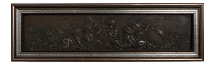 Continental Patinated Bronze Bas Relief Plaque, early 20th c. H.- 3 3/4 in., W.- 16 in., Framed- H.-