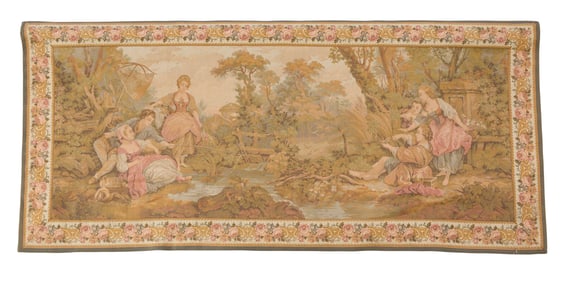 Aubusson Style Pictorial Tapestry, 20th c., H.- 36 1/2 in., W.- 77 1/2 in. (2 Pcs.)