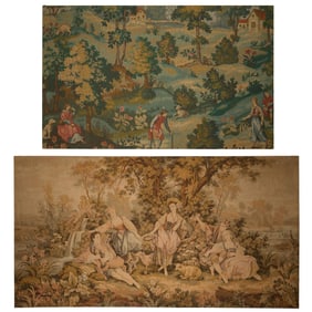Two Aubusson Style Genre Tapestries, 20th c., Smaller- H.- 48 in., W.- 77 1/2 in.; Larger- H.- 53