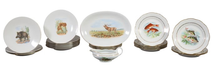 French Twenty-Two Piece Assembled Porcelain Game and Fish Set, 20th c., Plates- H.- 1 in., Dia.- 9