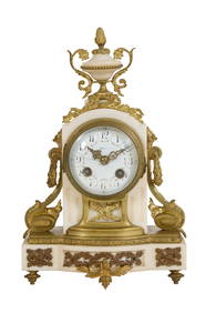 French Gilt Bronze Mounted White Marble Mantel Clock, 19th c, H.- 12 in., W.- 7 3/4 in., D.- 4 1/2 (1 of 3)