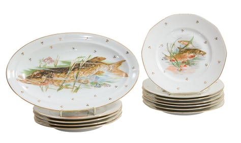 Twelve-Piece French Limoges Porcelain Fish Set, 20th c., Plates- H.- 1 in., Dia.- 9 3/8 in. (12