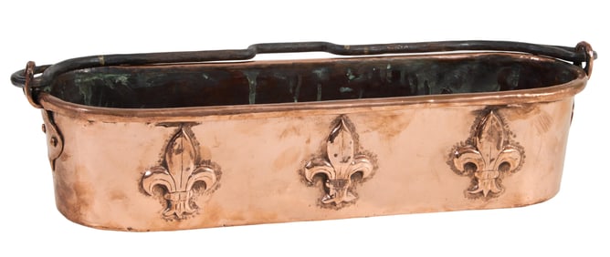 Large French Copper Fish Poaching Pan, 20th c., H.- 4 1/2 in., W.- 22 18 in., D.- 6 1/8 in.