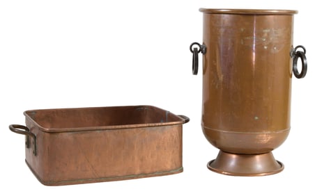 Two Vintage French Copper Cooking Pots, early 20th c., Circular- H.- 19 in., W.- 13 in., D.- 11 3/8