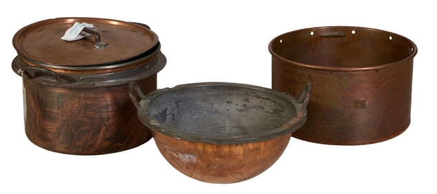 Large French Copper Double Boiler, early 20th c., Sauce Pot- H.- 12 in., Dia.- 17 7/8 in. (4 Pcs.)