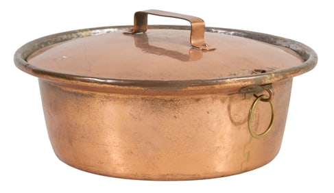 Large Vintage French Circular Copper Cooking Pot, 20th c., H.- 8 in., Dia.- 14 3/4 in.
