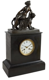 French Patinated Bronze and Black Marble Napoleon III Mantel Clock, c. 1870, H.- 18 1/2 in., W.- 11